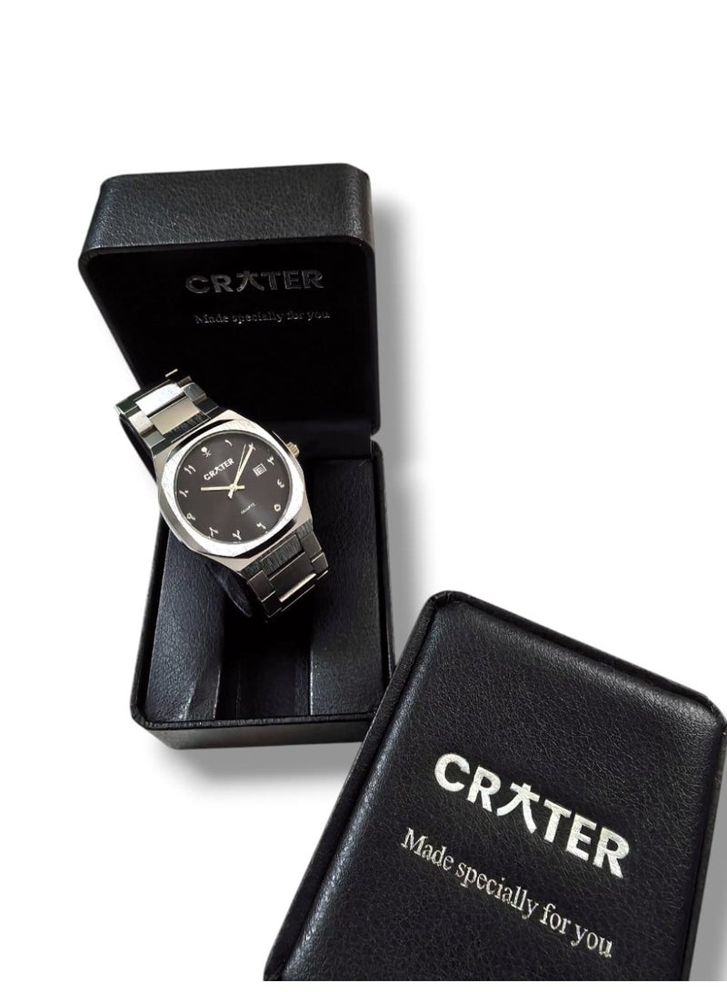 كريتر  ساعة كريتر (CRATER) للرجال – تصميم ملكي فاخر من الستانلس ستيل، مينا كلاسيكي مع عرض التاريخ، مقاومة للماء – تشمل علبة الماركة (فضي /أسود ). - Image 3